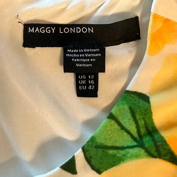 Maggy London Sheath White Dress with Yellow and Green Floral Design Size 12 - Picture 6 of 13